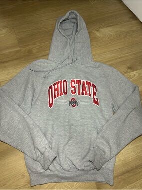 Champion Light Gray Hoodie with Red Lettering
